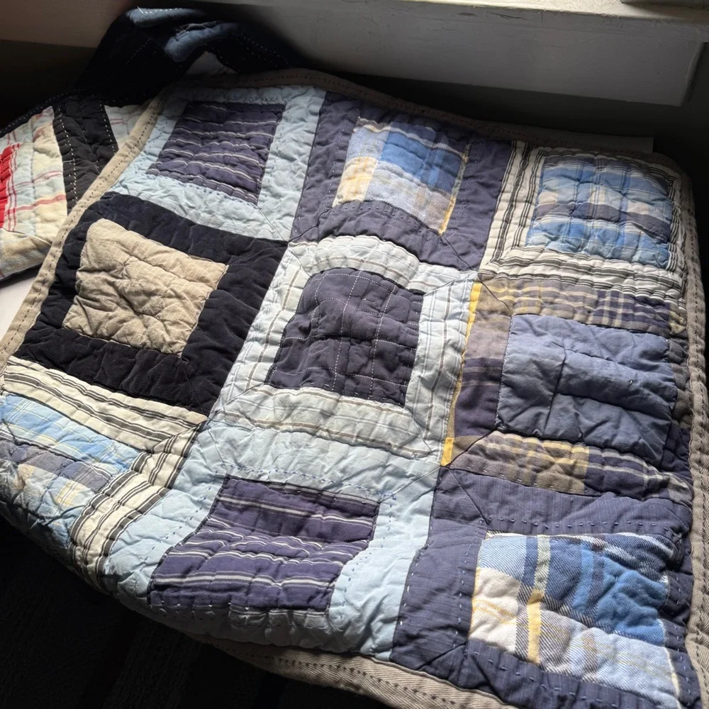 Pottery Barn Kids Quilted Pillowcase Shams Set Blue Red Plaid Patchwork Cotton